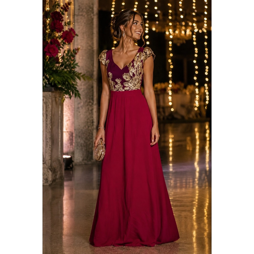 Mango Suit Burgundy Gold Embroidered Evening Gown Fits Medium